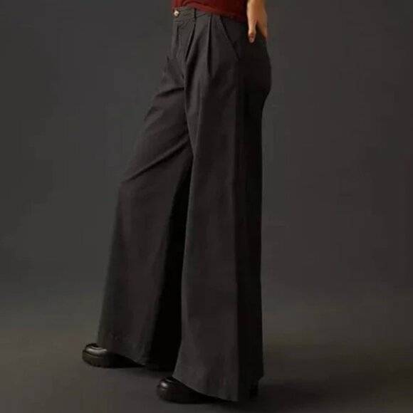 Anthropologie Mid-Rise Pleated Trousers Wide Leg Pants Black Size 0 26600 - Picture 2 of 12